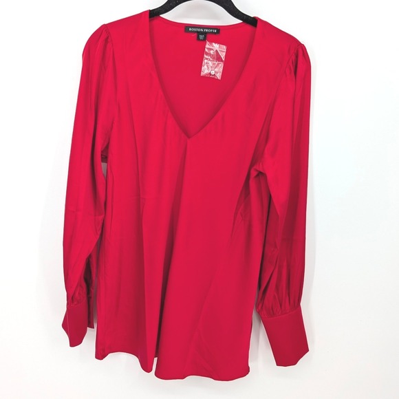 Boston Proper Tops - Boston Proper Silky Blouse Womens Small Red V-Neck‎ Long Sleeve Holiday Dressy